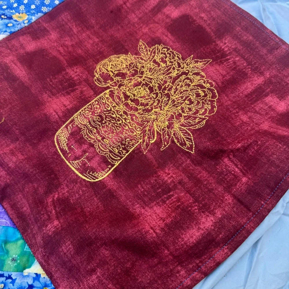 Vintage Handmade Star Patchwork Quilt Burgundy Floral Mason Jar Embroidery 60x60